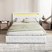 Levede Double Led Bed Frame with 4 Storage Drawers & USB Charging Station, with Smart Control RGB LED Lights, Adjustable Headboard, PU Leather Bed Base, No Box Spring Needed(200 x142 x110cm, Cream)
