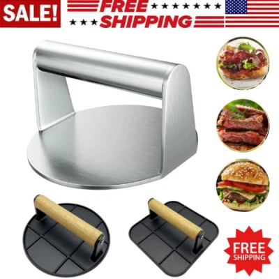 Burger Press Round Rectangle Cast Iron Smash Bacon Press Meat Steak Wood Handle