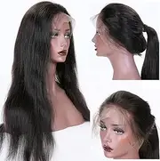 Kun 360 Lace Frontal Wigs - 41cm, Natural Straight Brazilian Virgin Human Hair, 150% Density, Pre-Plucked Hairline, Slightly Bleached Knots, Medium Size Cap, Black