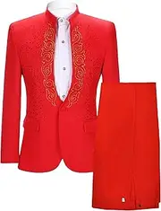 [JEShifangjiusu] Men's 2-Piece Suit Clothing, Tuxedo, Coat, Shoulder Shawl, Long Sleeve Dinner Costume, Suit with Cap Pants, Red, 3XL