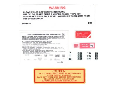 Holden Torana LX 5.0 ltr V8 Engine Decals +Oil Filler +Emission +Alternator
