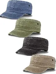 [ROLVNHTV] 4 Pieces Cadet Caps Army Military Hats Washed Cotton Flat Top Hats Military Style Patrol Hat Adjustable Veteran Cap for Men, Black, One Size