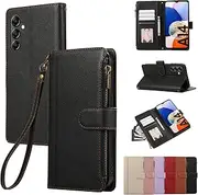 [Rosbtib] Mobile Phone Case for Samsung Galaxy A14 4G / 5G 2023 6.6 Inch Leather Case Zip Magnetic Closure Wallet with 4 Card Slots Stand Function Retro Leather Case Galaxy A14 Case, Black