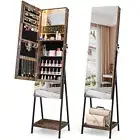 Freestanding Lockable LED Jewelry Cabinet Armoire Organizer w/Full-Length Mirror