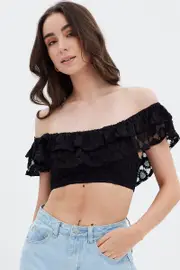 Black Sleeveless Lace Crop Top - Size 14, Women's Crop Top