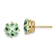 14k Yellow Gold 7mm Cushion Checker-Cut Green Quartz Earring