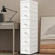 Uandhome 6 Tier Slim Narrow Bathroom Cabinet,Plastic Bathroom Storage Cabinet,Standing Storage Cabinet with Slide Out Drawers,Waterproof Storage Cabinet for Bathroom,Hallway,Living Room,Kitchen(White)