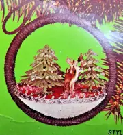 Fibre-Craft DEER PANORAMA Circle Sequin Bead Vintage Christmas Ornament Kit NOS
