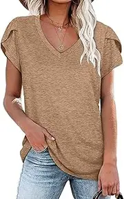 [Generic] Women's Petal V Neck Short Sleeve Shirt Tunic Summer T Shirts Solid Color Basic Tops Fashion Casual Loose Fit Blouse