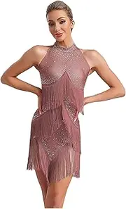 [FEESHOW] Women Backless Latin Dance Dress with Rhinestones Glitter Party Dress Sleeveless Fringed Dress Rumba Samba Dancewear