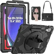 [SEYMAC] Case for Samsung Galaxy Tab S10+ Plus 2024/ S9 FE+ Plus/ S9+ Plus 12.4'' 2023, Shockproof Protective Case with Screen Protector, Rotating Stand, Hand/Shoulder Strap, Black