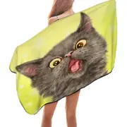 Playful Black Grey Cat over Yellow Microfiber Beach Towel
