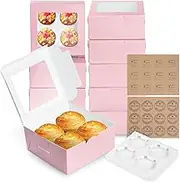 Bigqin 10 Pack 4 Holes Cupcake Boxes with Window Cake Cookie Bakery Boxes Muffin Donut Pastry Containers for Wedding Birthday Party Christmas,6.3x6.3x3 inches/Pink