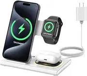 [KARTICE] Wireless Charger,3 in 1 Folding Fast Wireless Charging Station for iPhone 16 15 14 13 12 Pro Max, Apple Charging Station with Night Light for Apple Watch 10 Ultra2 9 8 Se 7 6 5 AirPods4(White)