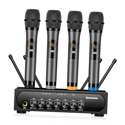 Wireless Microphone System Karaoke 4 Channel UHF Cordless Handheld Dynamic Mic