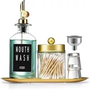Glass Mouthwash Dispenser for Bathroom with Cups, Style Mouthwash Container Bottle with Qtip Holder Black Label,Glass Bottle 11.8oz Refillable Mouthwash Dispenser with Tray Funnel, Golden