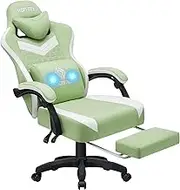 HOFFREE Gaming Chair Computer Chair Fabric with Pocket Spring Cushion Massage Game Chair with Footrest Ergonomic Gamer Chair with Lumbar Support Reclining Gaming Chairs for Adults Green and White