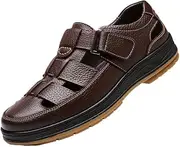 [Hhhchpm] Men's Solid Colour Vintage Top Grain Cow Leather Upper Close Toe Sandals, Comfy Non Slip Hook & Loop Fastener Beach Water Shoes