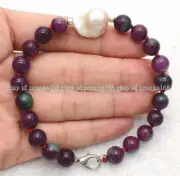 Fashion Natural 8mm Zoisite White Baroque Pearl Gems Round beads Bracelet 7-9in
