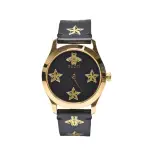 【GUCCI 古馳】經典G-TIMELESS系列小蜜蜂皮革腕錶(金/黑38MM-YA1264055)