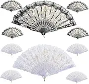 Eidoct 10 Pieces Fabric Folding Fans, Folding Hand Fans, Elegant Vintage Retro Flower Rose Lace Handheld Chinese Folding Fan for Women Hand Craft (White, Black)