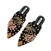 Nevenka Womens Rivet Mule Shoes Pointed Toe Comfortable Flat Sandals-Black