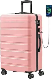 [AnyZip] Suitcase Hardside PC ABS Lightweight USB Luggage with Wheels TSA Lock Checked-Large 28 Inch Pink