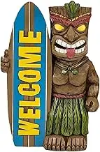 Tiki Statue 3.15x3.15x5.51 Cute Resin Home Welcome Tiki Decorations Statue with Surfboard for Patio, Balcony, Garden and Home-