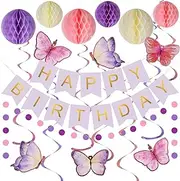 Lumjoy Birthday Decorations, Happy Birthday Banner with Honeycomb Balls, Butterfly Hanging Swirl Streamers, Circle Dots Garland, Purple