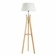 LARGE BAMBOO TRIPOD FLOOR LAMP Linen Shade Modern Light Vintage Wooden Scandi