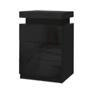 Bedside Tables Side Table 3 Drawers RGB LED High Gloss Nightstand Black