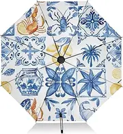 [RPLIFE] Sicilian Style Blue White Compact Umbrella, Lightweight Portable Automatic Open/close Umbrella for Women, Travel Umbrellas for Rain, Wind and Sun
