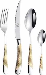 SensiSel 16-Piece ​Hammered Silver Gold Cutlery Set, Stainless Steel Silverware, Flatware for 4 People, Knives Forks Spoons Set,