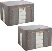INONE Foldable Fabric Storage Box with Crushed Steel Frame, 100L Clothes Storage Box - Durable Clothing & Closet Storage, Blanket/Quilt/Toy Organiser, Storage Containers for Linen Closet (2PCs Grey)