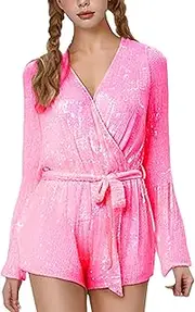 [Generic] Womens Size Large Blouse Lover Sequin High Waisted V Neck Flared Sleeve Jumpsuit Shorts Women Button down Chiffon