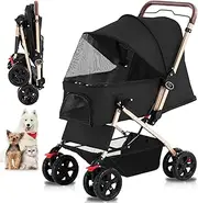 Pet Dog Stroller for Cats and Dog Four Wheels Carrier Strolling Cart with Weather Cover, with Storage Basket for Small Medium Dogs & Cats (Black)