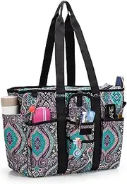 LoDrid Teacher Organizer Tote with Padded Bottom, Large Utility Bag for Work, Multiple Pockets and Features