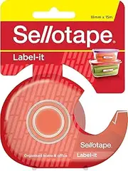 Sellotape Label Tape with Dispenser, Writable Surface for Custom Labels, Strong Adhesion, Freezer Dishwasher & Microwave Safe, Organising, Office & Kitchen Use, Includes 18mm x 15m Roll