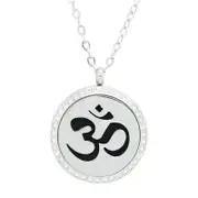 Sanskrit Om Design Aromatherapy Essential Oil Diffuser Necklace with Crystals - Silver 20mm - Free Chain - Mothers Day Gift Idea