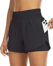 [YEZII] Womens High Waist Running Shorts Athletic Workout Quick Dry Shorts for Women with Pockets Gym Yoga White Summer Shorts