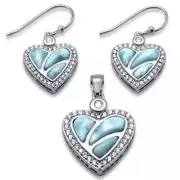 Natural Larimar & CZ Heart .925 Sterling Silver Pendant & Earring Set