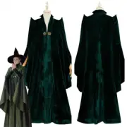 Minerva McGonagall Dress Cosplay Costume Dark Green Cloak Trench Dress+Cloak+Hat