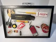 1970’s-1980’s Coca Cola Pins, Buttons, Patch, Bottle Opener, 17 pcs. GLASS CASE