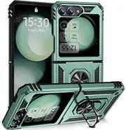 Cavor for Samsung Galaxy Z Flip6 5G Case TPU Case PC Bumper 360° Rotation Ring Holder Kickstand Back Cover [Work with Magnetic Car Mount] Shockproof Protective Cover-Green