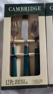 Cambridge flatware-green handles 12pc service for 4-NIB-cottage core-Lucite look