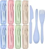 8 Sets Portable Wheat Straw Cutlery, Reusable Spoon Knife Forks,Spoon Knife Fork Tableware Set, Great for Picnics,Travel and Daily Use (4 Colors)