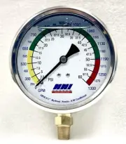 NNI 4" Dial Dual Read PSI GPM Gauge 0-60Psi/1300 GPM Liquid filled