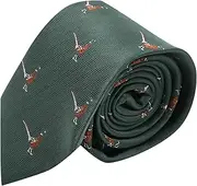 [King & Priory] Dark Green Herringbone Embroidered Pheasant Tie for Men, Green, One Size