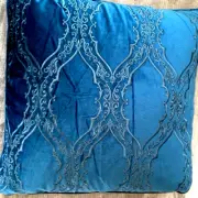 Raymond Waites Throw Pillow Blue Velveteen Embroidered Scroll Lattice Design