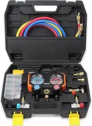 BACOENG HVAC Gauges with Hoses Set for R134A R410A R404A and R22, AC Gauges with Anti-Shock Pressure Gauge Works on Car Freon Charging and Air Conditioning, with Couplers & Adapter, Black Case